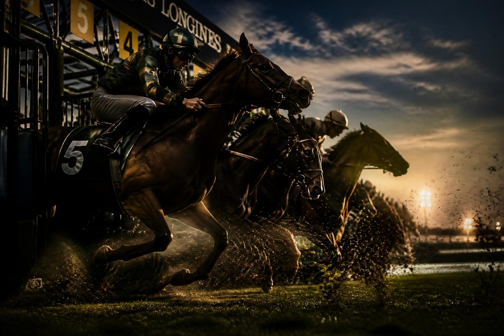 Racehorses leaving the starting stalls at dusk