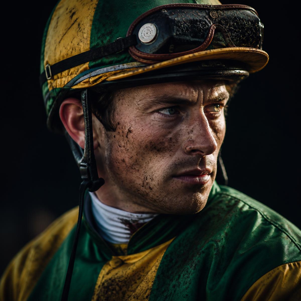 Close-up of a jockey in racing silks